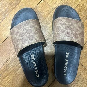 Women’s Coach Tan and Black Slide Sandals